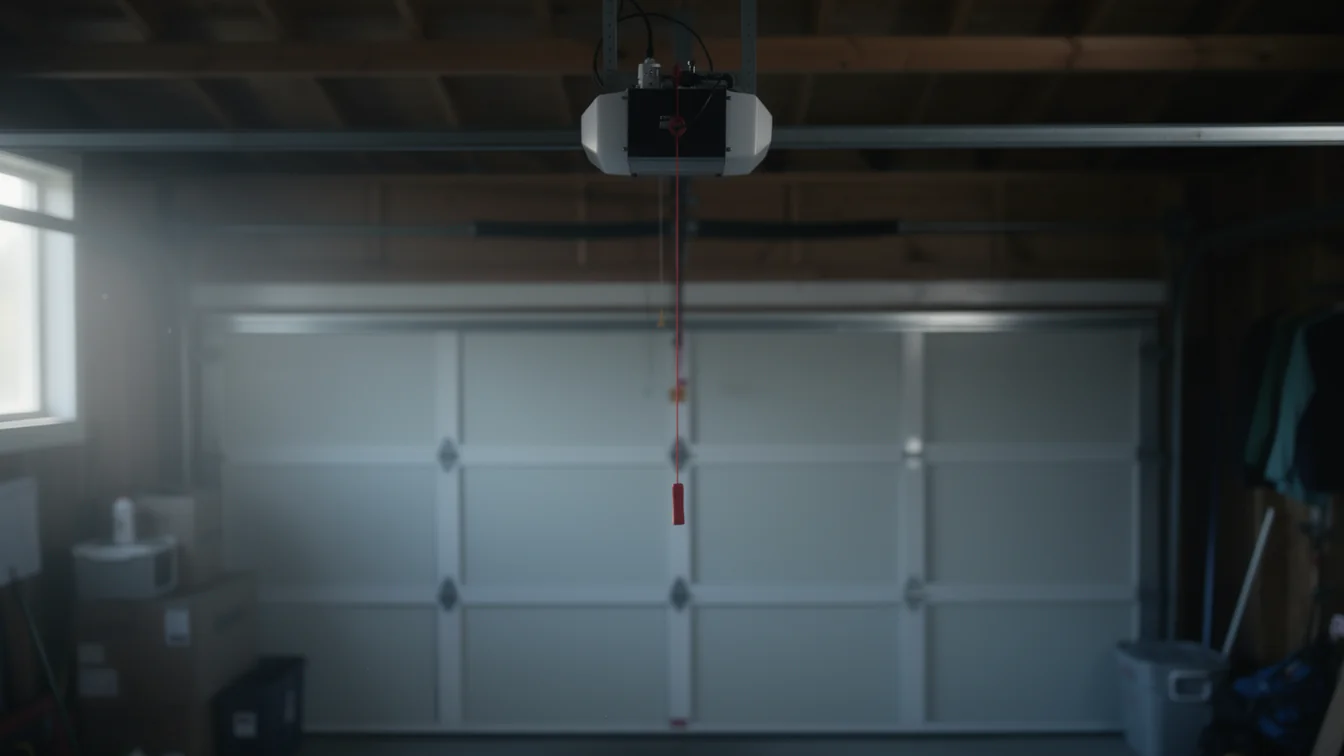 A white garage door is closed with an opener and red emergency release cord above it.