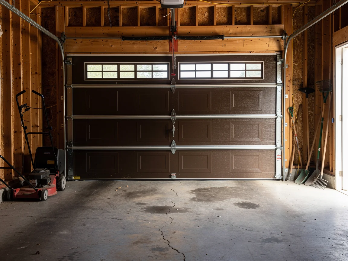 A brown garage door with windows is closed in a wooden garage.
