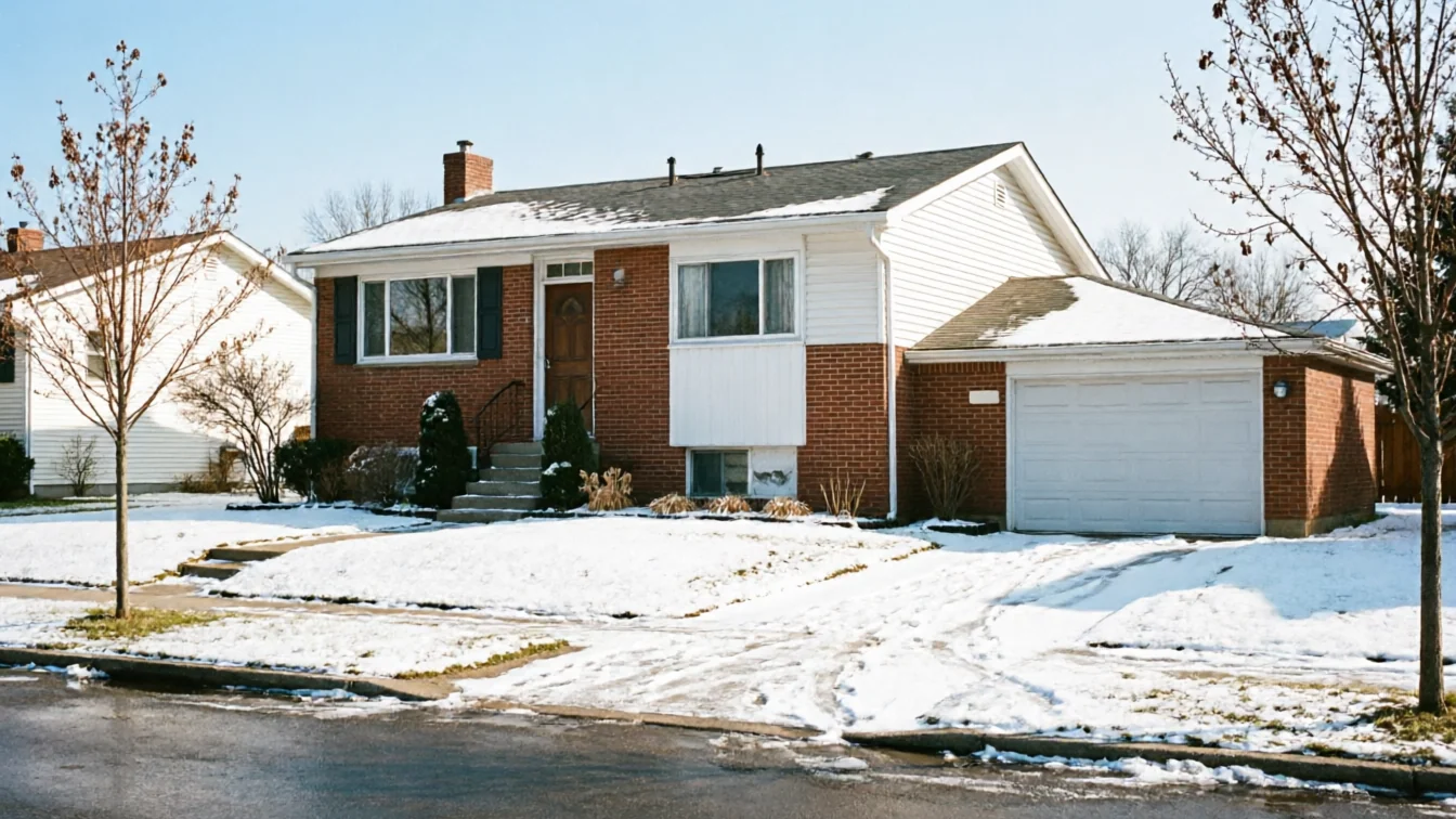A brick house with a white garage door and snow on the ground.